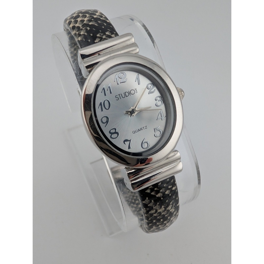 Studio Time Womens Watch 24mm Silver Tone Snake Print Leather Band- New Battery